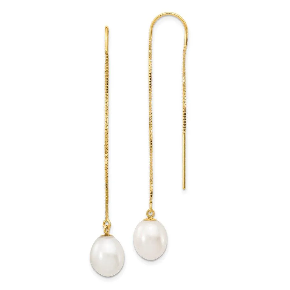 14k 7-8mm White Rice FW Cultured Pearl Box Chain Threader Earrings