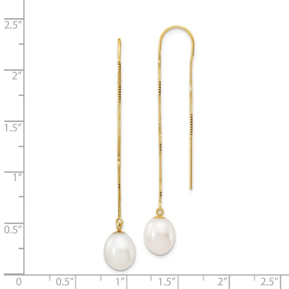 14k 7-8mm White Rice FW Cultured Pearl Box Chain Threader Earrings