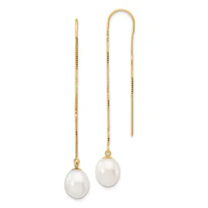 14k 7-8mm White Rice FW Cultured Pearl Box Chain Threader Earrings