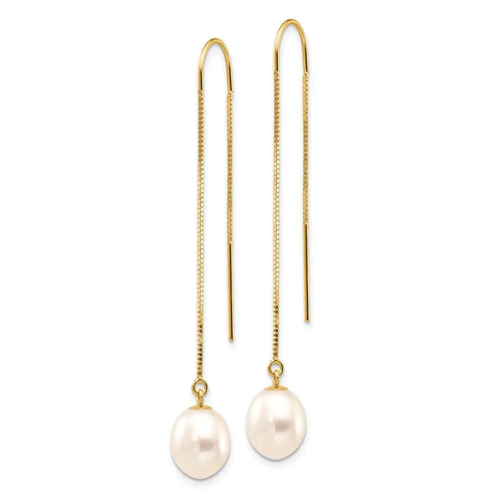 14k 7-8mm White Rice FW Cultured Pearl Box Chain Threader Earrings