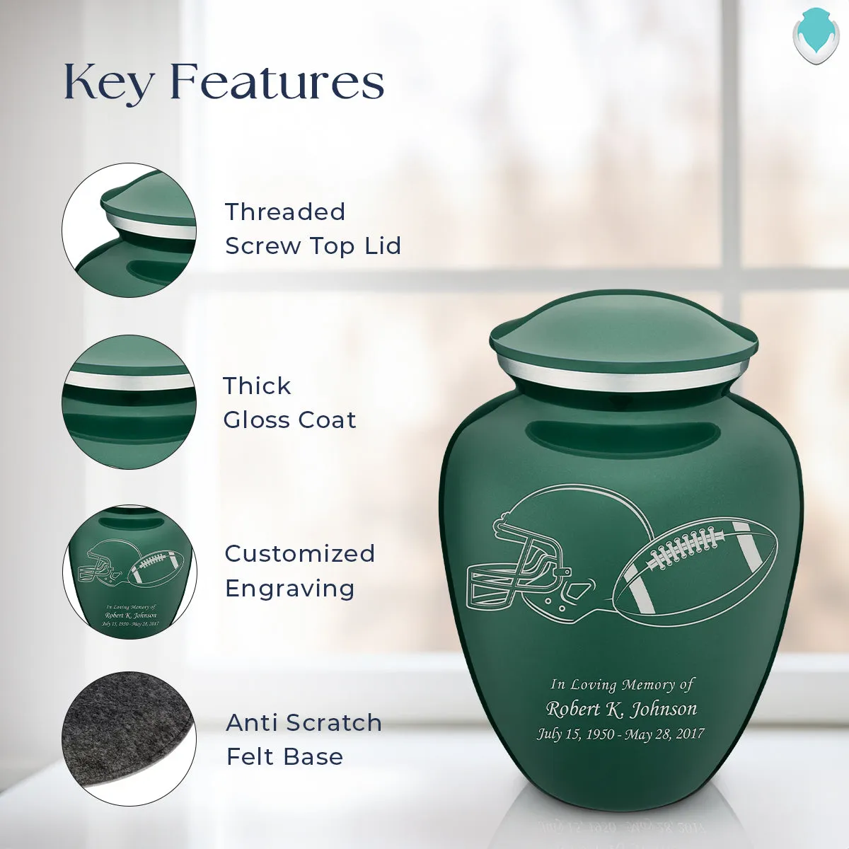 Adult Embrace Green Football Cremation Urn
