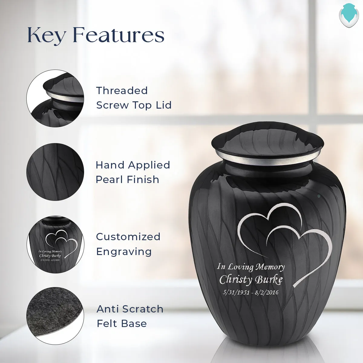 Adult Embrace Pearl Black Hearts Cremation Urn