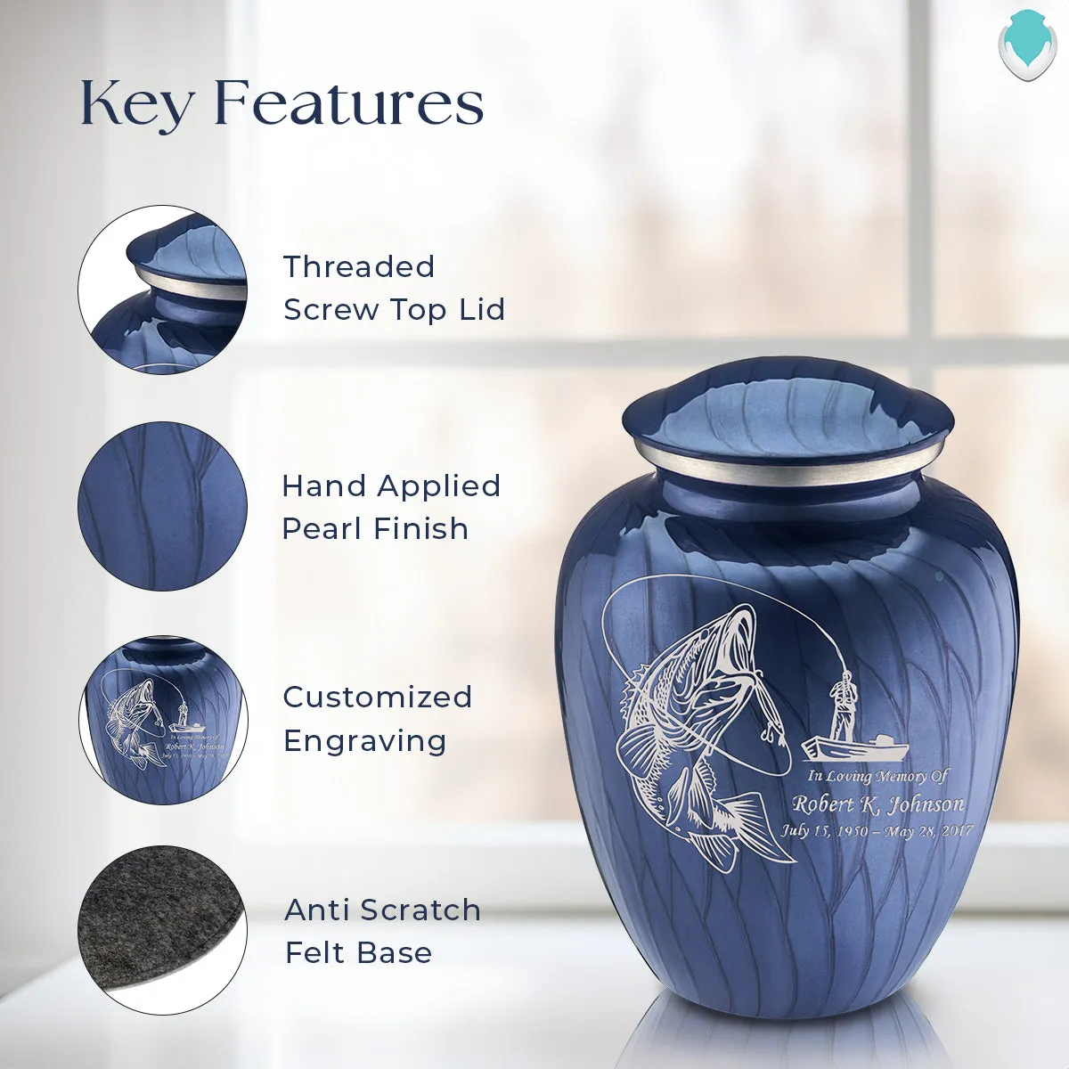 Adult Embrace Pearl Cobalt Blue Fishing Cremation Urn