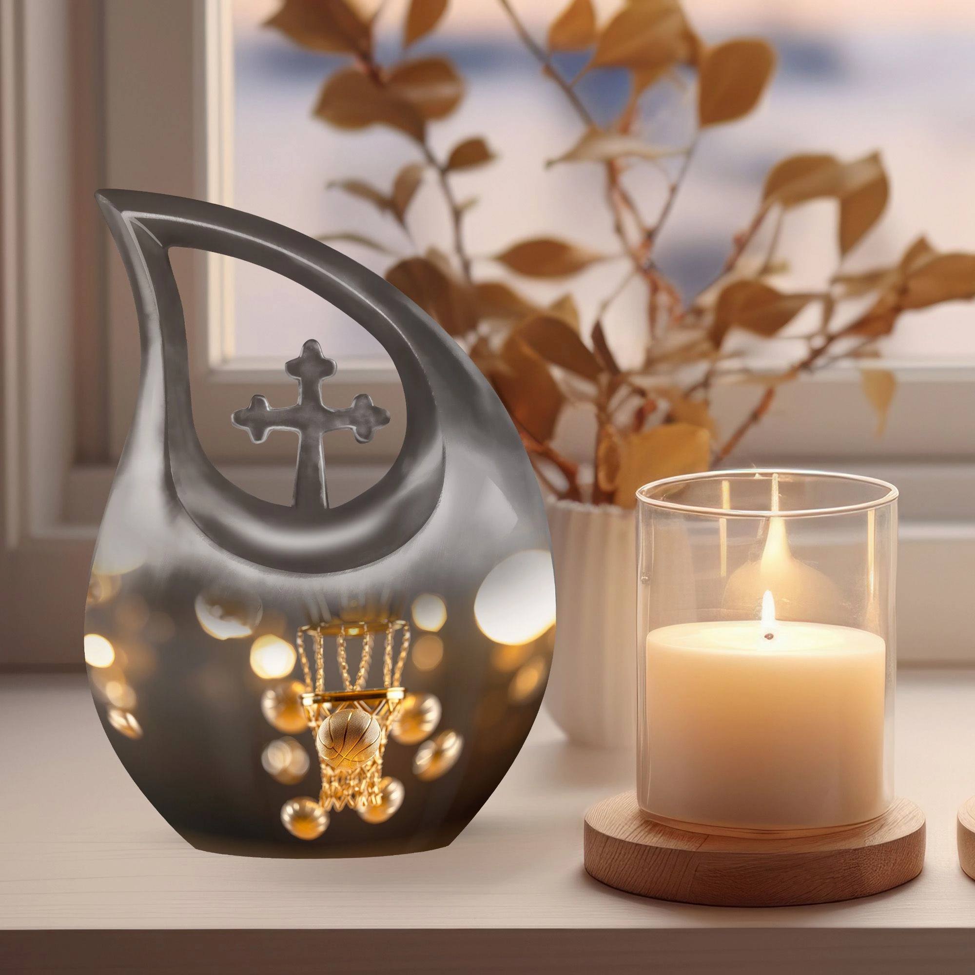 Basketball Urn With Cross Drop: Large Capacity Cremation Boxes for Adults