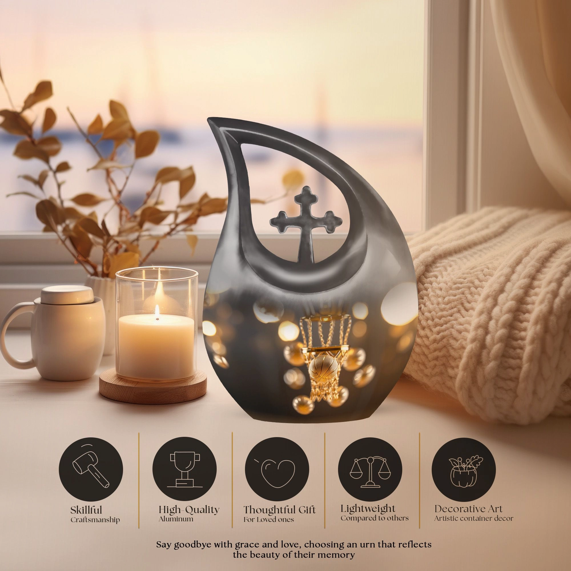 Basketball Urn With Cross Drop: Large Capacity Cremation Boxes for Adults