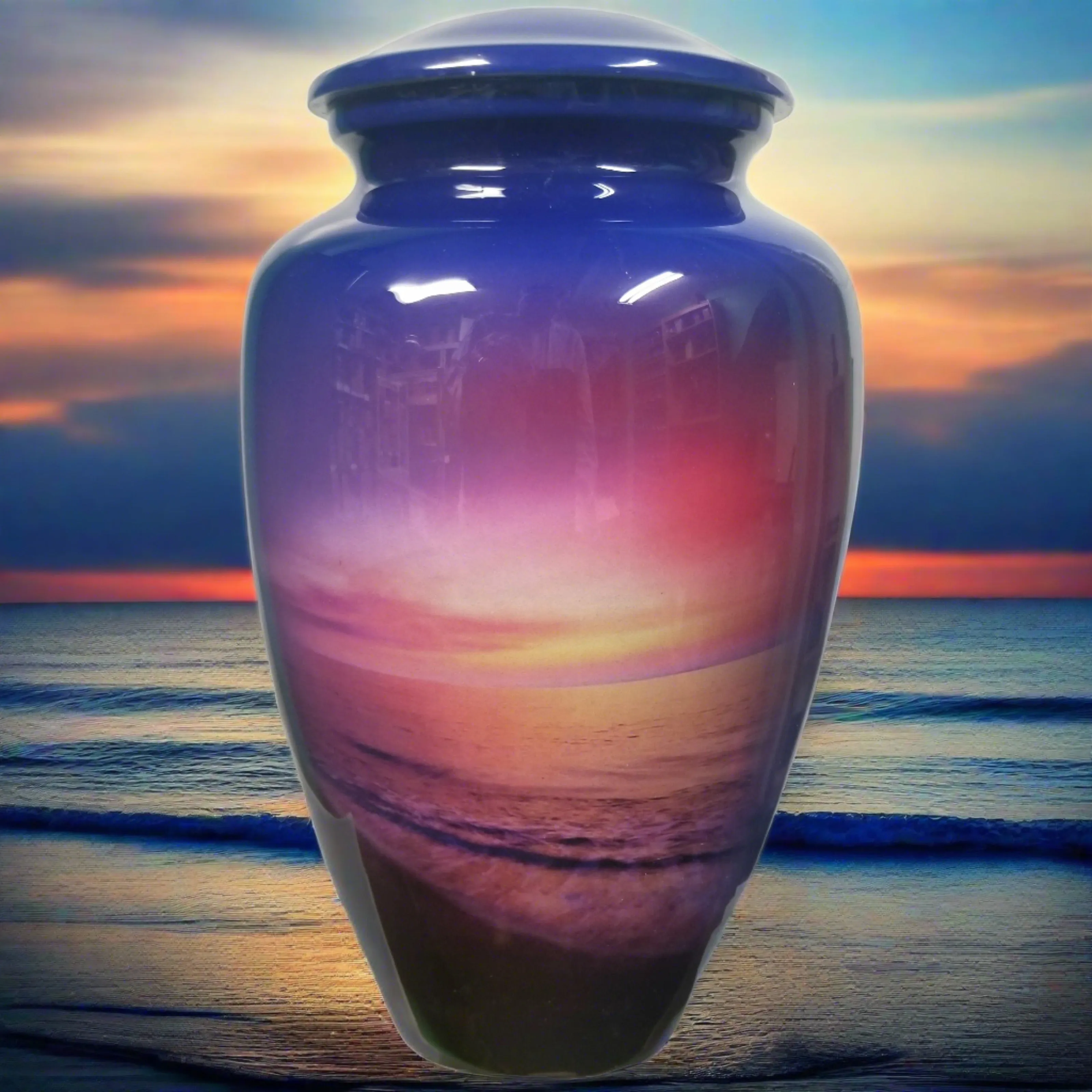 Beach Theme Cremation Urn | Ocean Sunset Ash Urn | Beautiful Colors | Quality Urns For Less