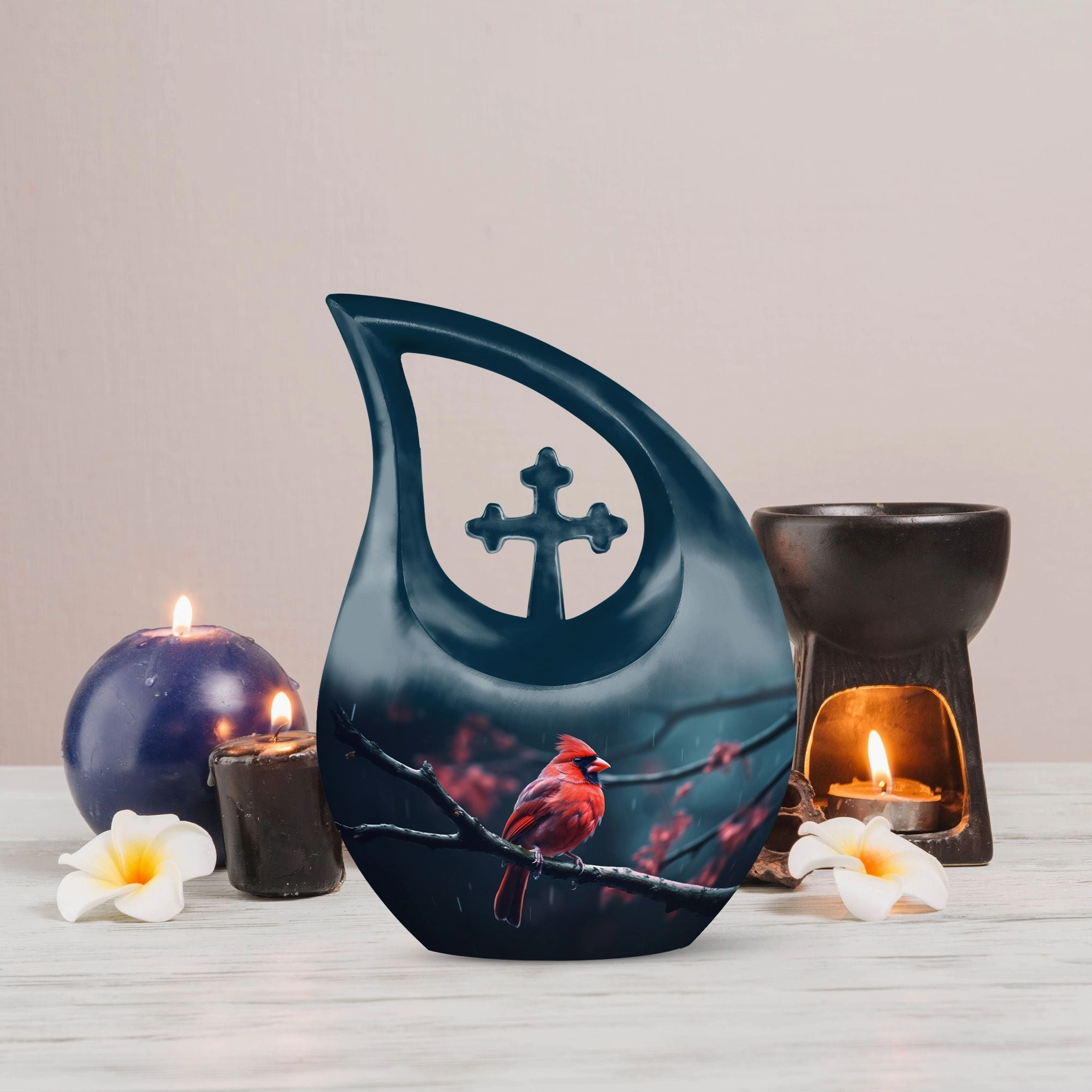 Bird Urn: Elegant memorial urn in the theme of a cardinal avian
