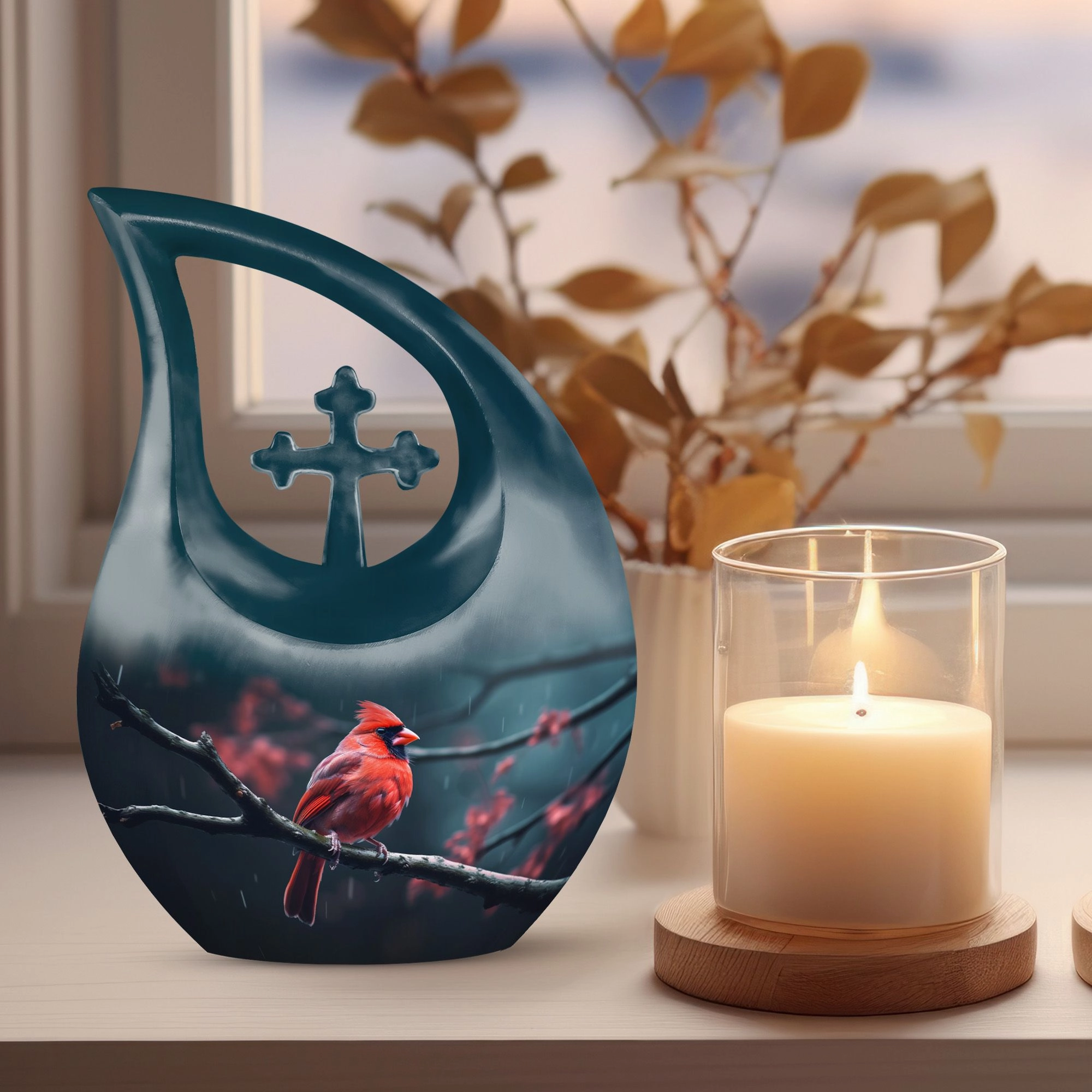Bird Urn: Elegant memorial urn in the theme of a cardinal avian