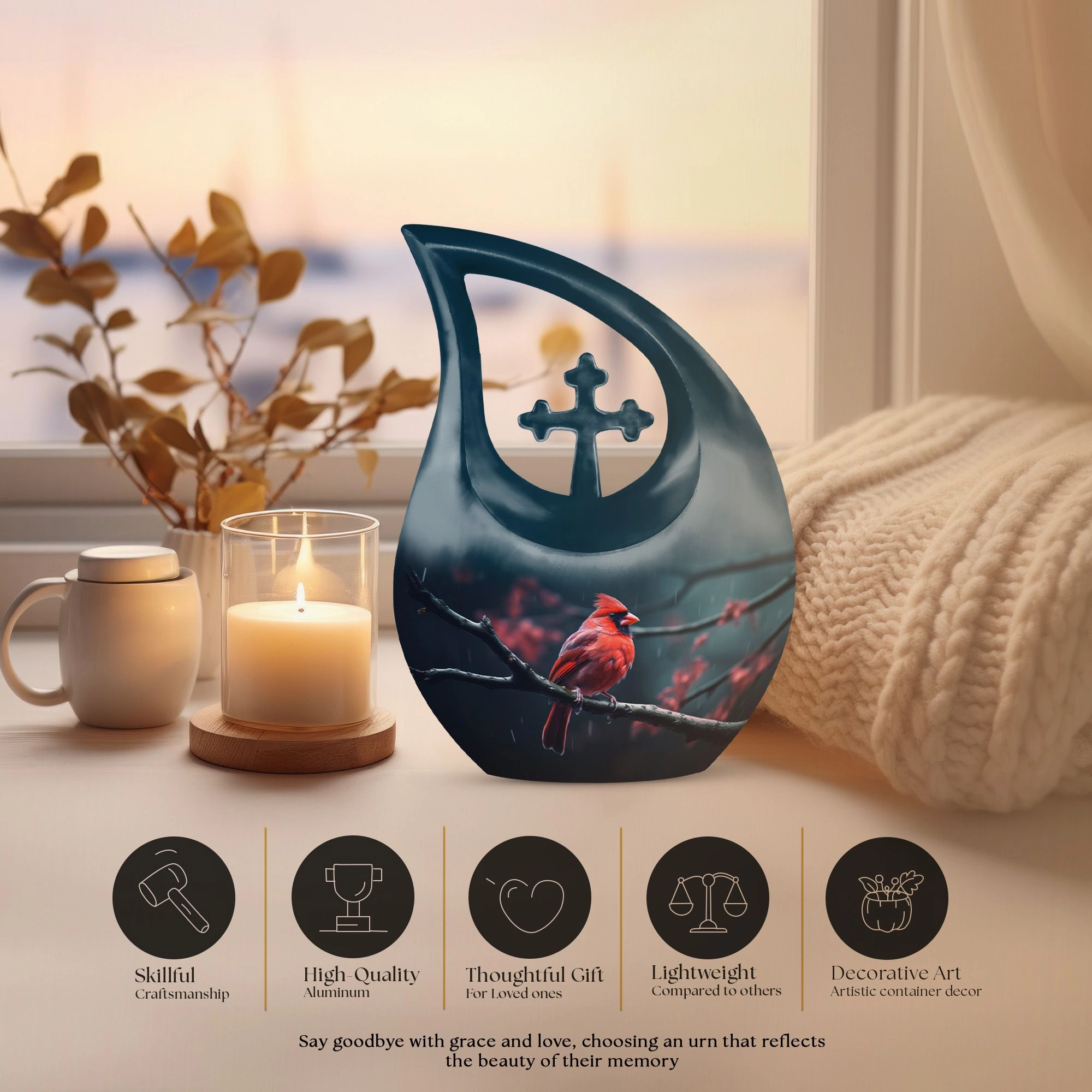 Bird Urn: Elegant memorial urn in the theme of a cardinal avian