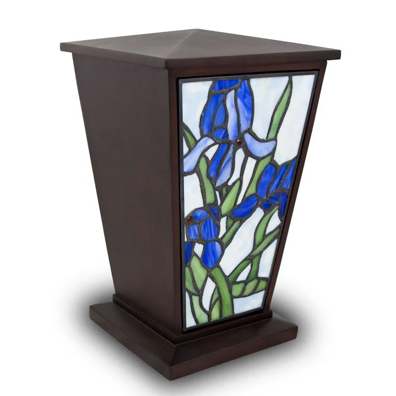 Blue Iris Stained Glass Cremation Urn in Large