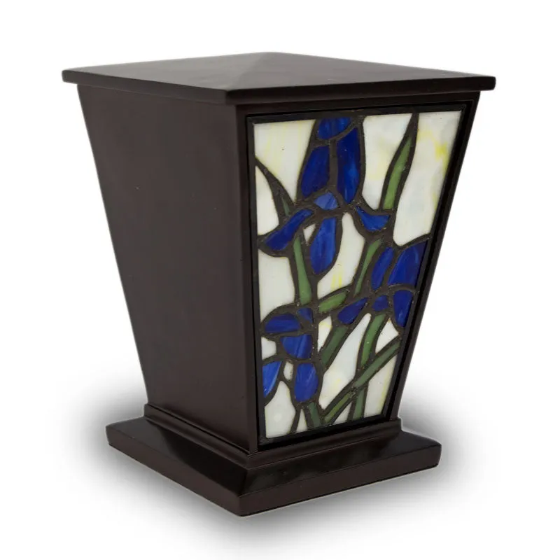 Blue Iris Stained Glass Cremation Urn in Medium