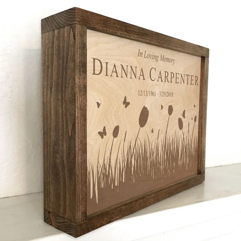 Butterflies & Tulips Wall Mounted Wood Cremation Urn Plaque