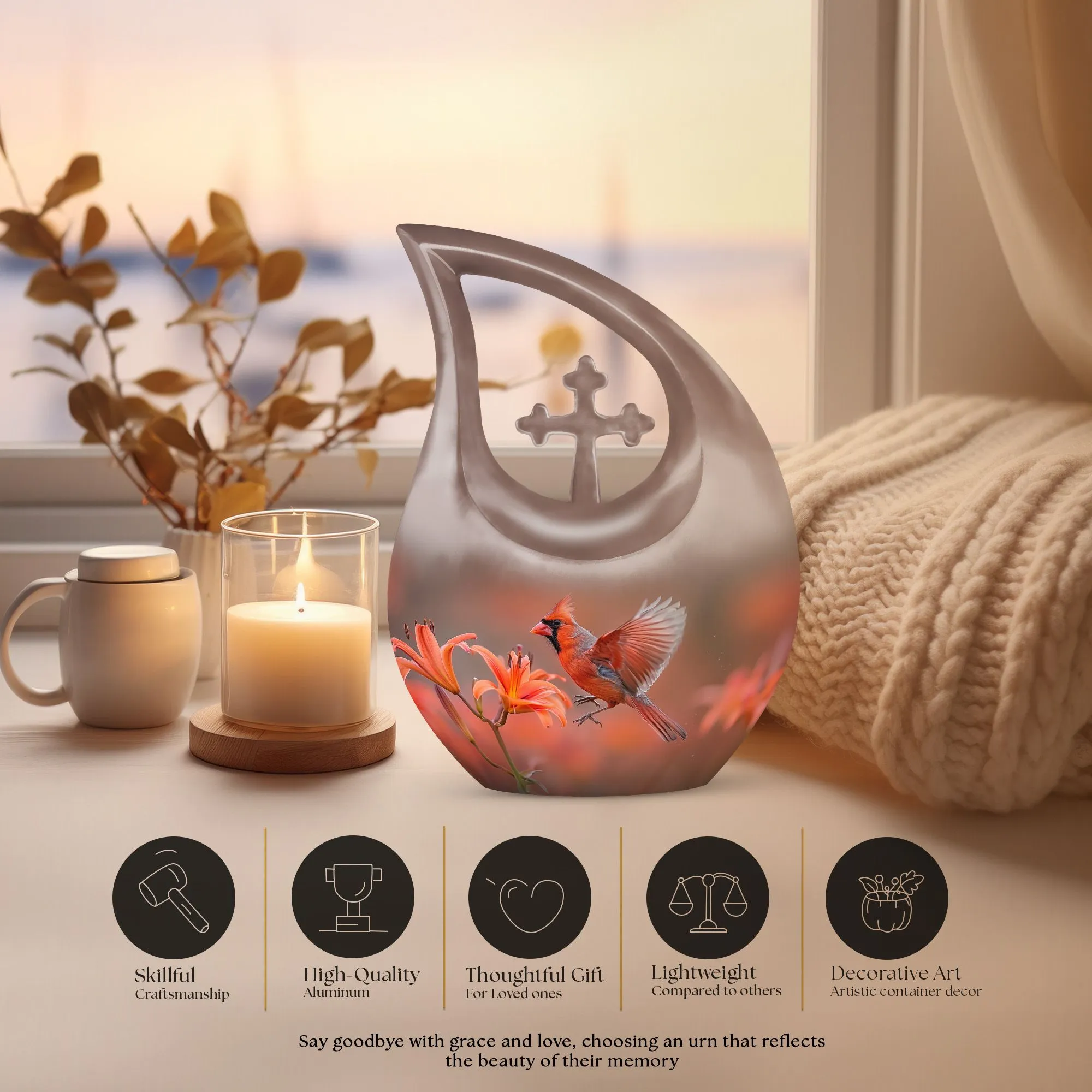 Cardinal Bird Urn Cross Drop Memorial - Honouring Lifetime Memories