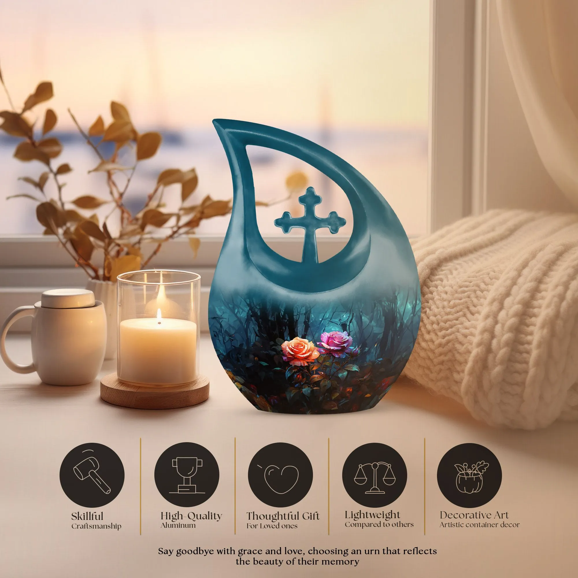 Cherished Memories Rose Cross Drop, Large Cremation Urn
