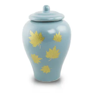 Classic Ceramic Cremation Urn with Golden Leaves