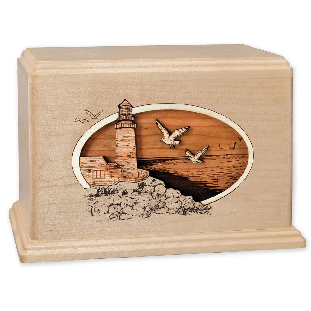 Companion Cremation Urn with Coastal Lighthouse 3D Wood Inlay