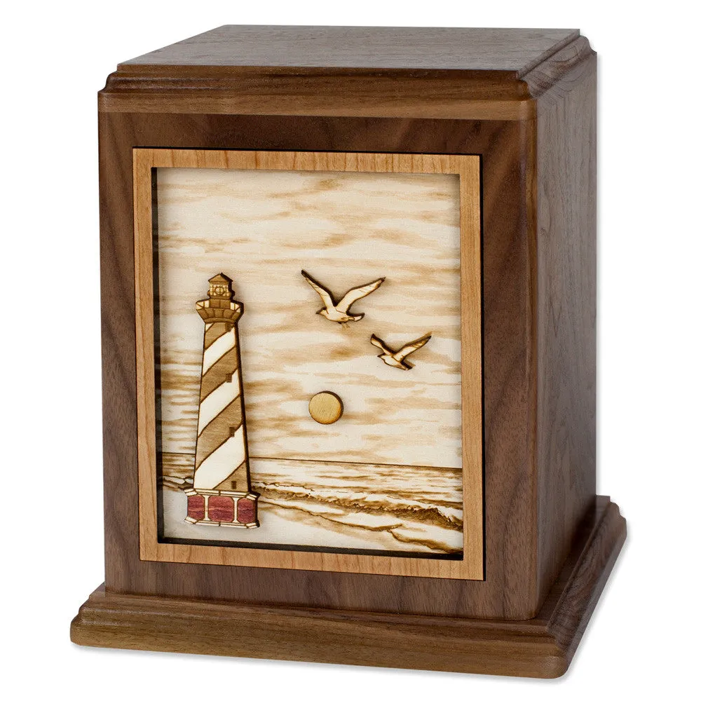 Companion Cremation Urn with Coastal Lighthouse 3D Wood Inlay