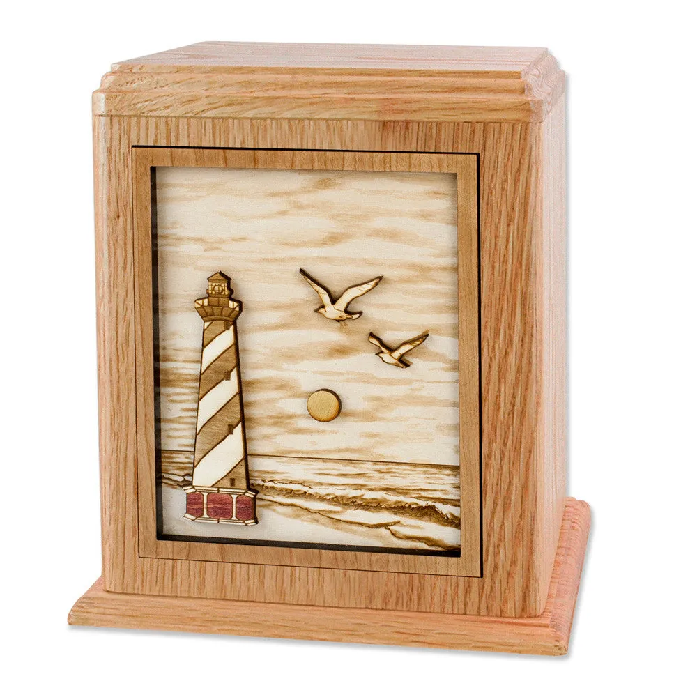 Companion Cremation Urn with Coastal Lighthouse 3D Wood Inlay
