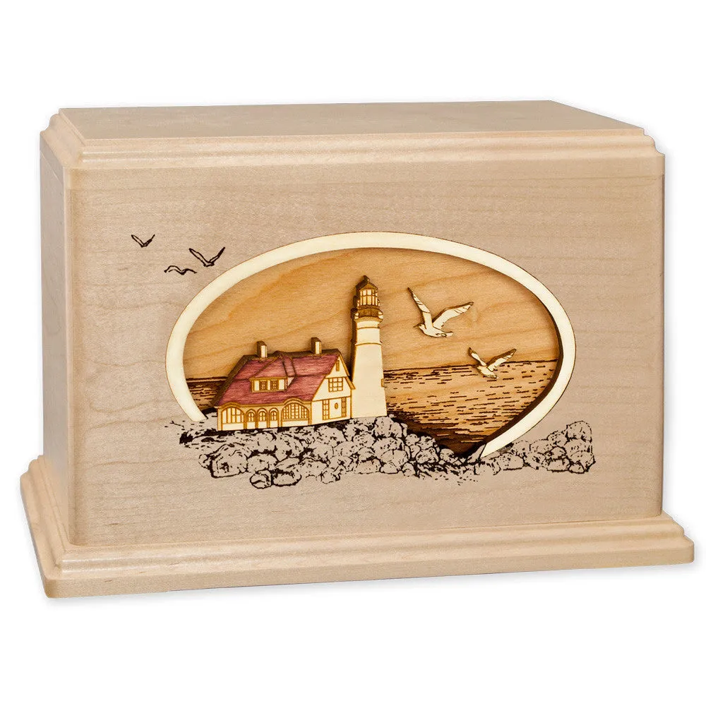 Companion Cremation Urn with Coastal Lighthouse 3D Wood Inlay