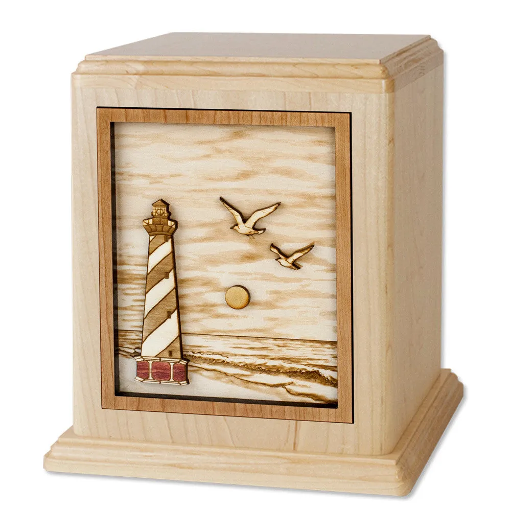 Companion Cremation Urn with Coastal Lighthouse 3D Wood Inlay