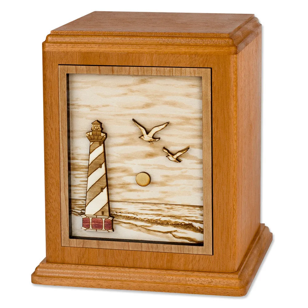 Companion Cremation Urn with Coastal Lighthouse 3D Wood Inlay