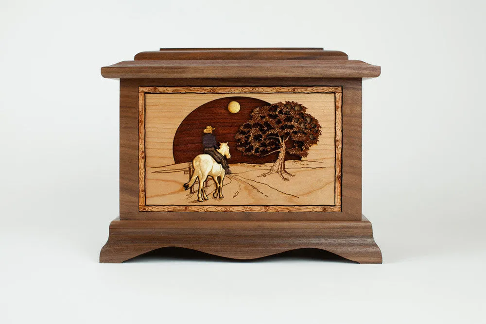 Cowboy Cremation Urn with Heartland Horse Wood Inlay Art