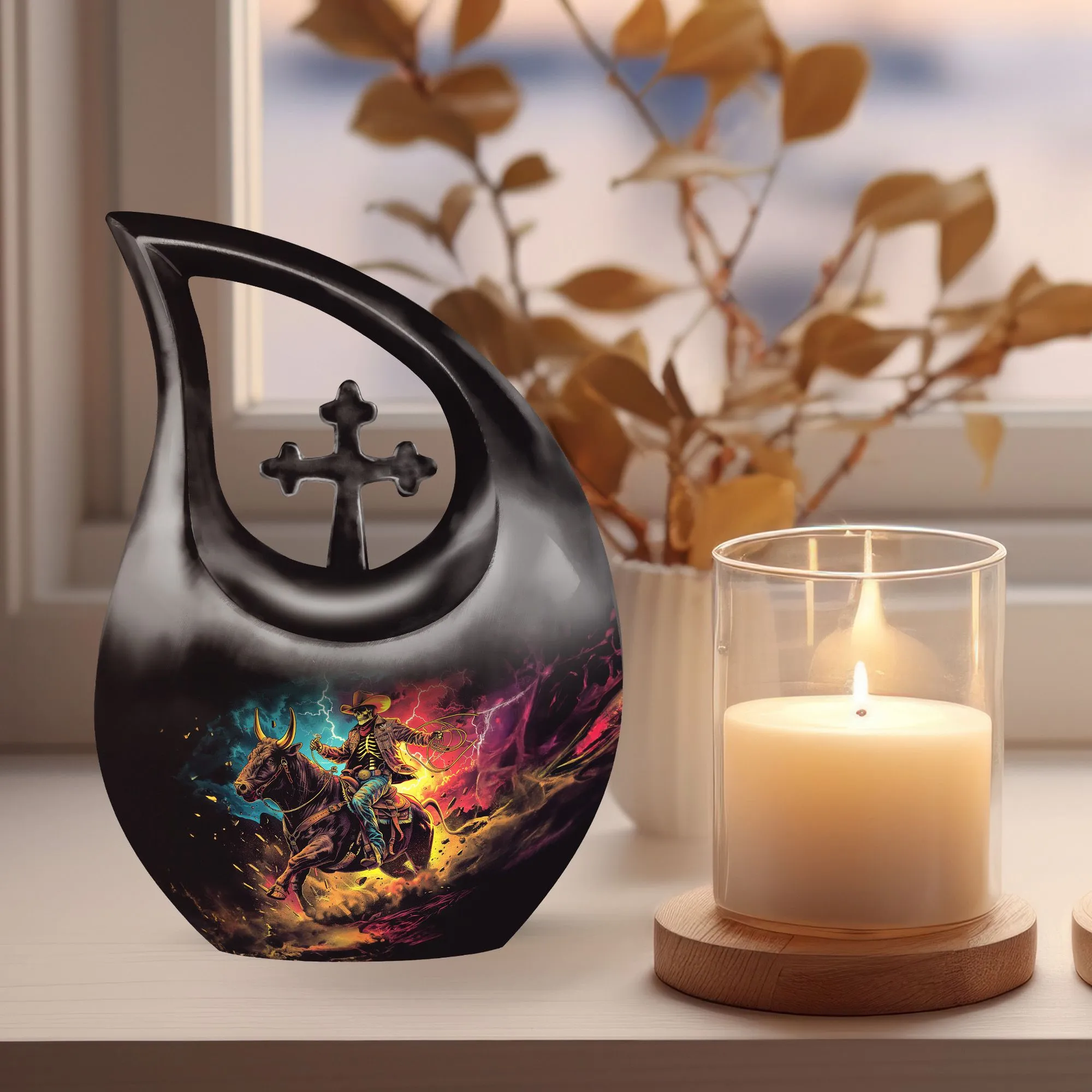 Cowboy Themed Cremation Vessel For Cremated Human Ashes Remains