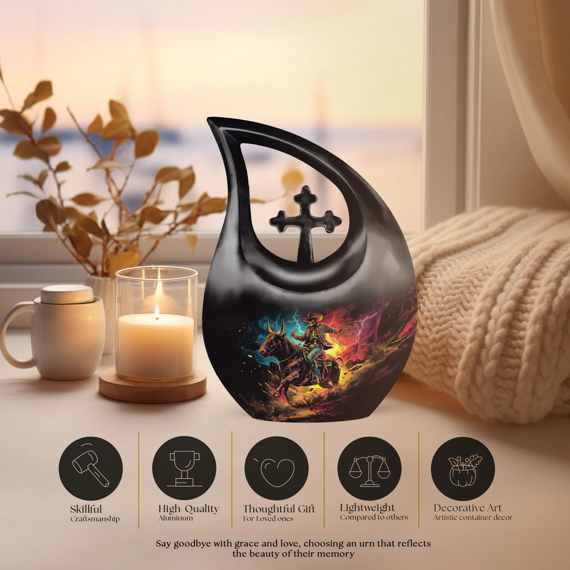Cowboy Themed Cremation Vessel For Cremated Human Ashes Remains