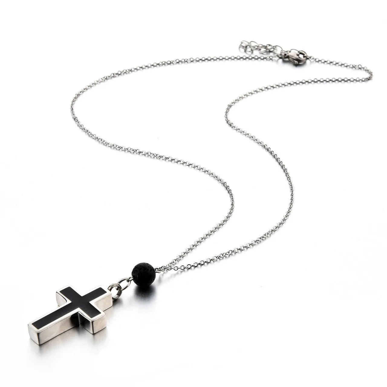 Cremation Necklace with Cross Urn Pendant and Lava Rock Essential Oil Diffuser Bead
