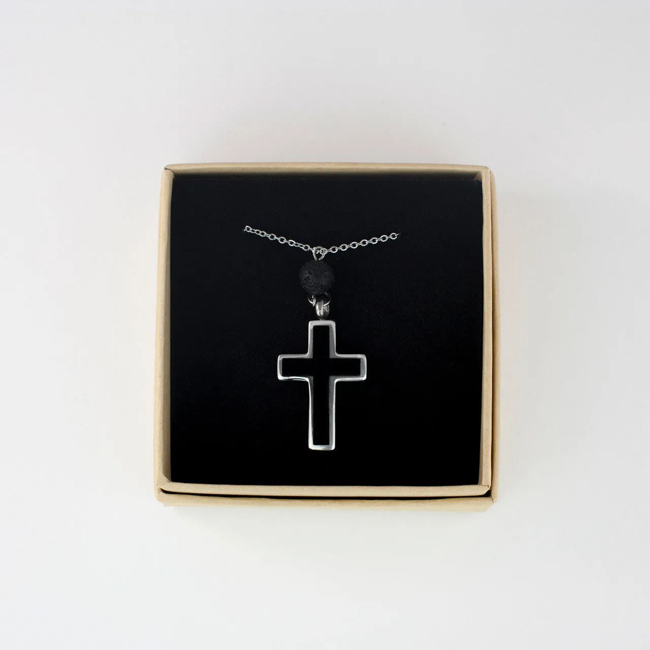 Cremation Necklace with Cross Urn Pendant and Lava Rock Essential Oil Diffuser Bead