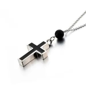 Cremation Necklace with Cross Urn Pendant and Lava Rock Essential Oil Diffuser Bead