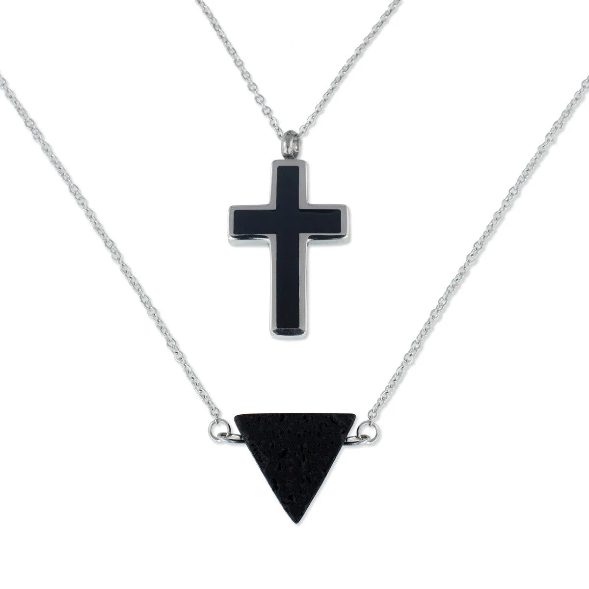 Cremation Necklace with Cross Urn Pendant and Lava Rock Essential Oil Diffuser Bead