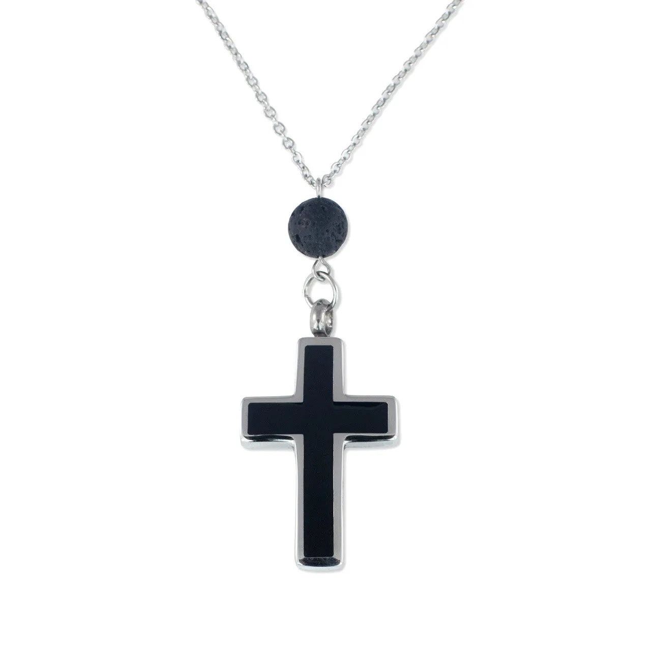 Cremation Necklace with Cross Urn Pendant and Lava Rock Essential Oil Diffuser Bead