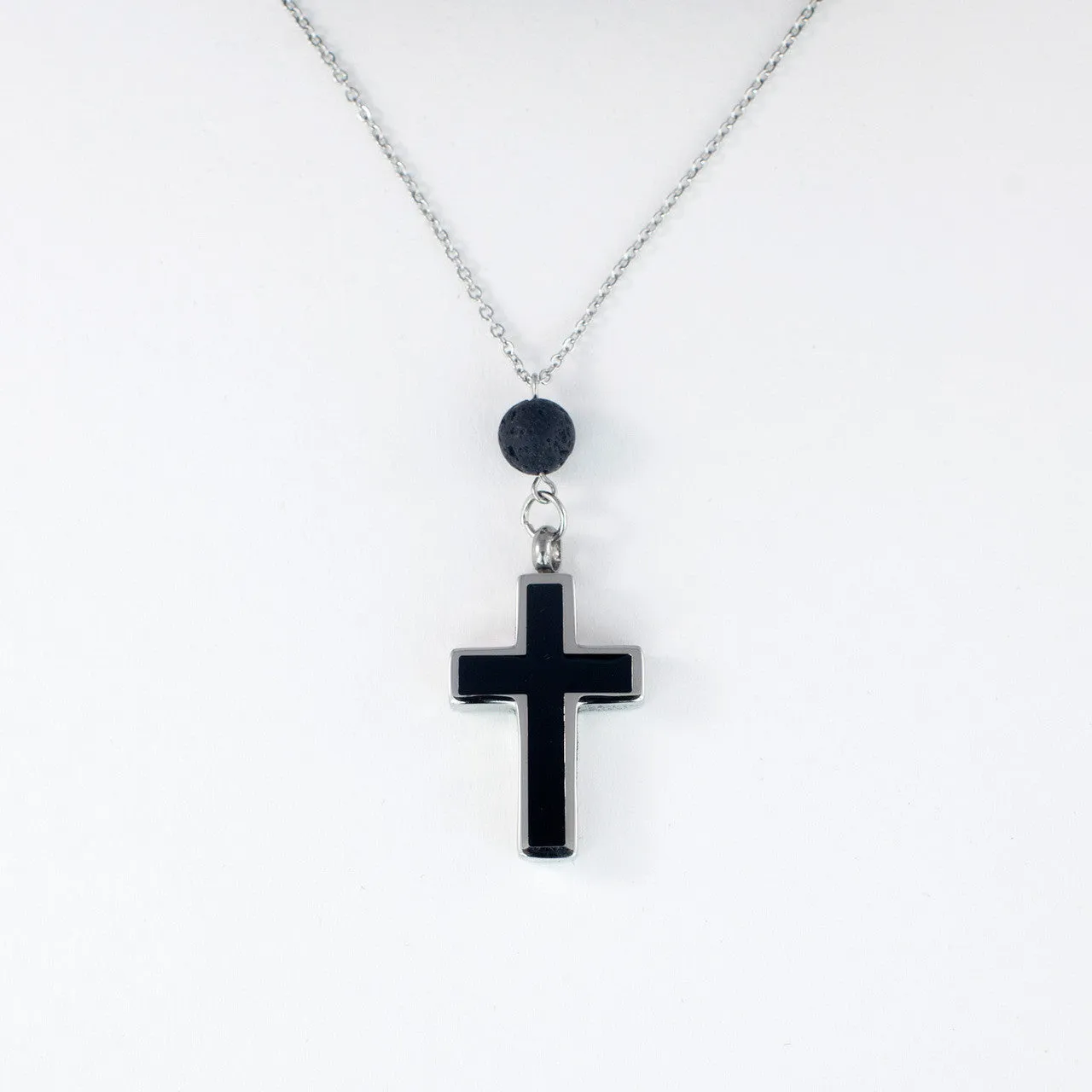 Cremation Necklace with Cross Urn Pendant and Lava Rock Essential Oil Diffuser Bead