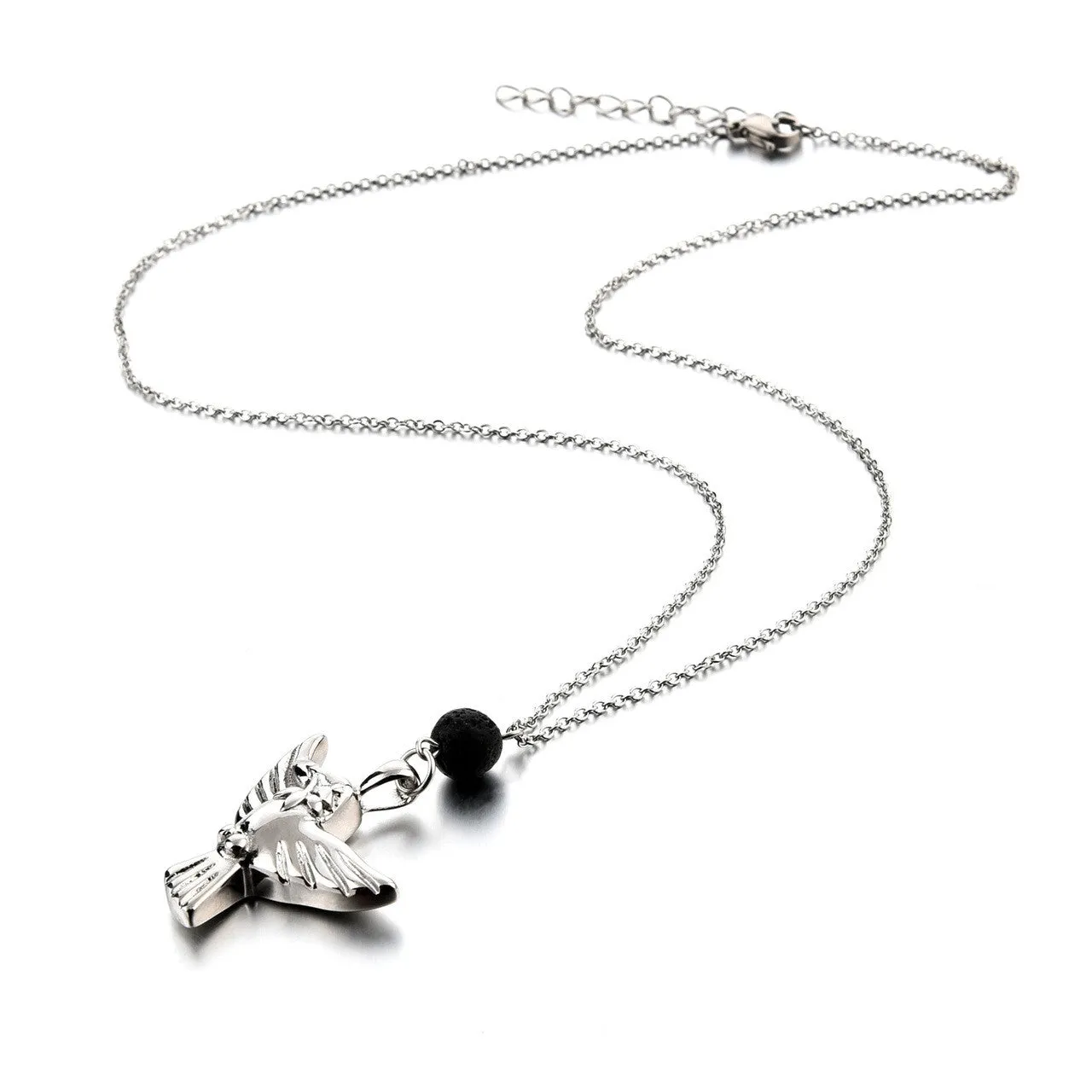 Cremation Necklace with Dove Urn Pendant and Lava Rock Essential Oil Diffuser Bead
