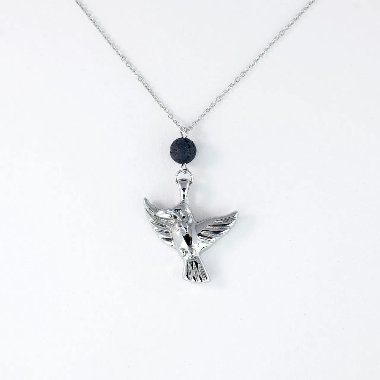 Cremation Necklace with Dove Urn Pendant and Lava Rock Essential Oil Diffuser Bead