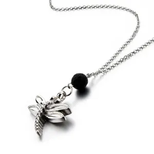 Cremation Necklace with Dragonfly Urn Pendant and Lava Rock Essential Oil Diffuser Bead