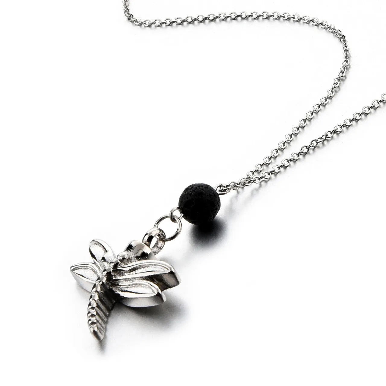 Cremation Necklace with Dragonfly Urn Pendant and Lava Rock Essential Oil Diffuser Bead