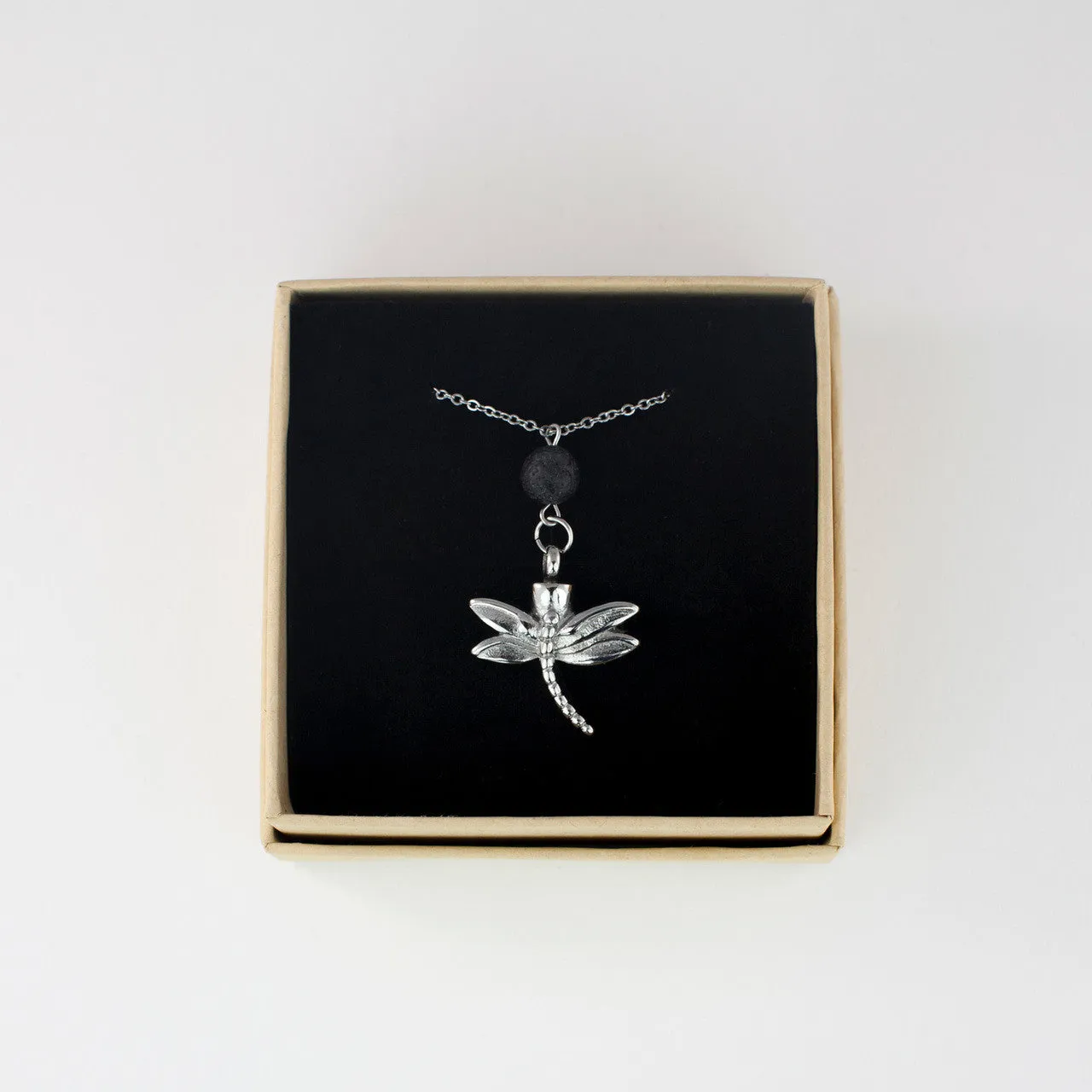 Cremation Necklace with Dragonfly Urn Pendant and Lava Rock Essential Oil Diffuser Bead