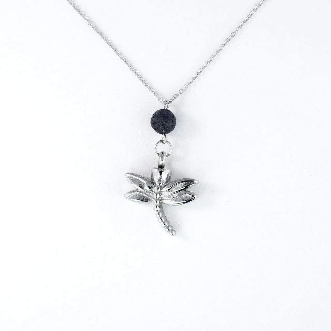 Cremation Necklace with Dragonfly Urn Pendant and Lava Rock Essential Oil Diffuser Bead