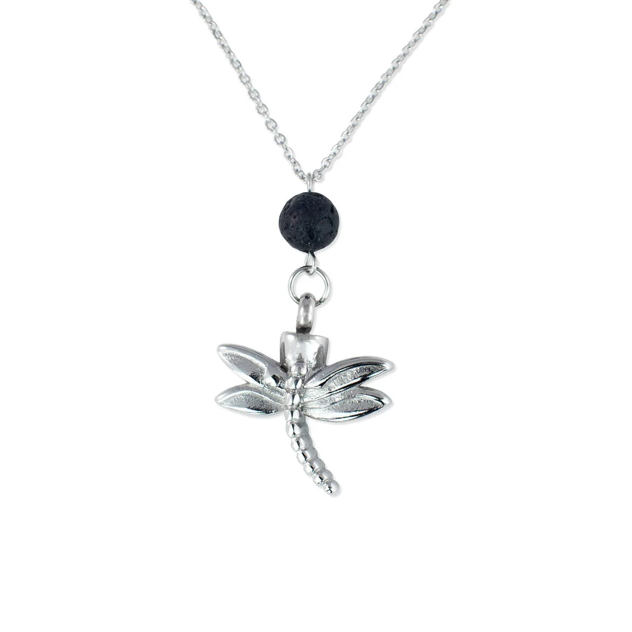 Cremation Necklace with Dragonfly Urn Pendant and Lava Rock Essential Oil Diffuser Bead