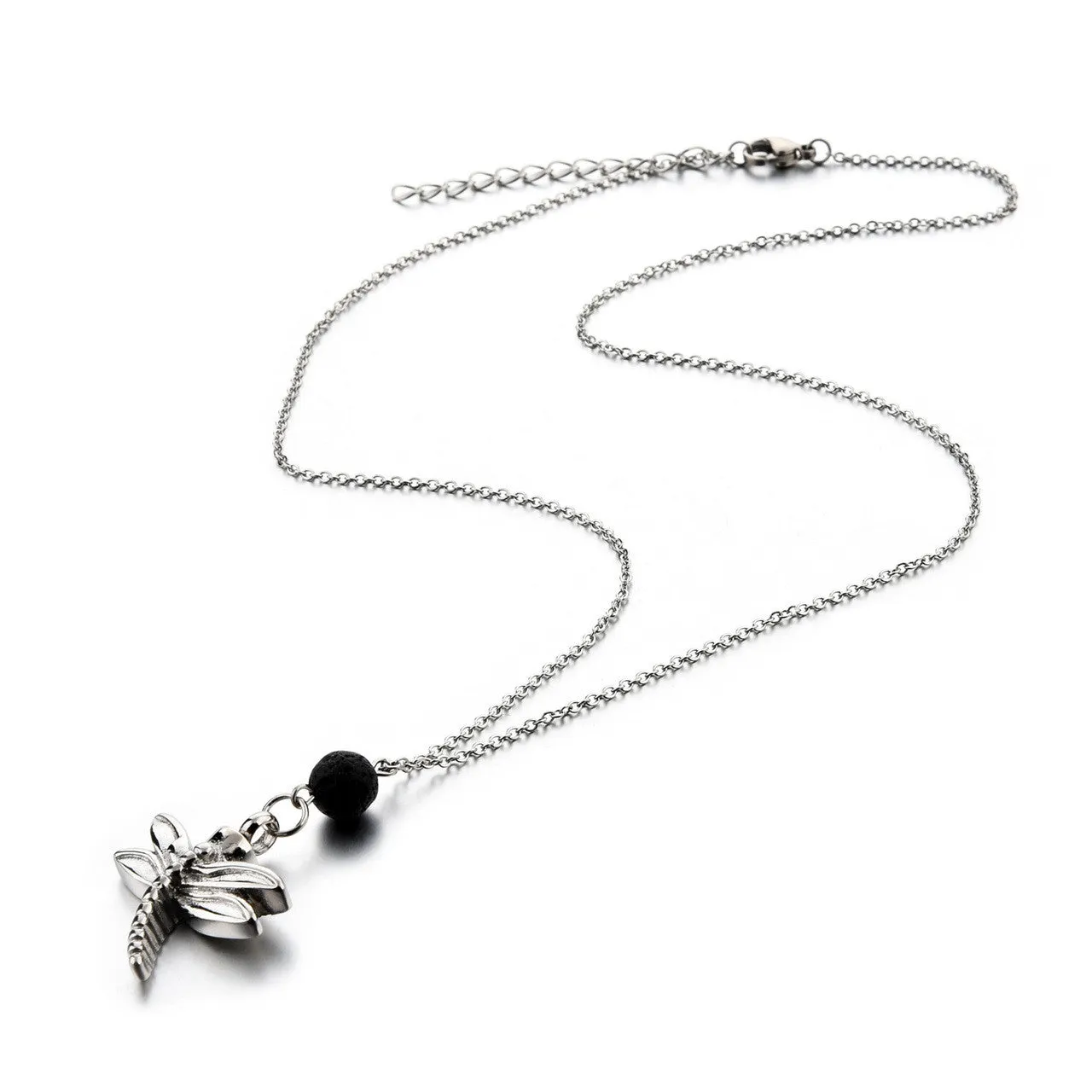 Cremation Necklace with Dragonfly Urn Pendant and Lava Rock Essential Oil Diffuser Bead