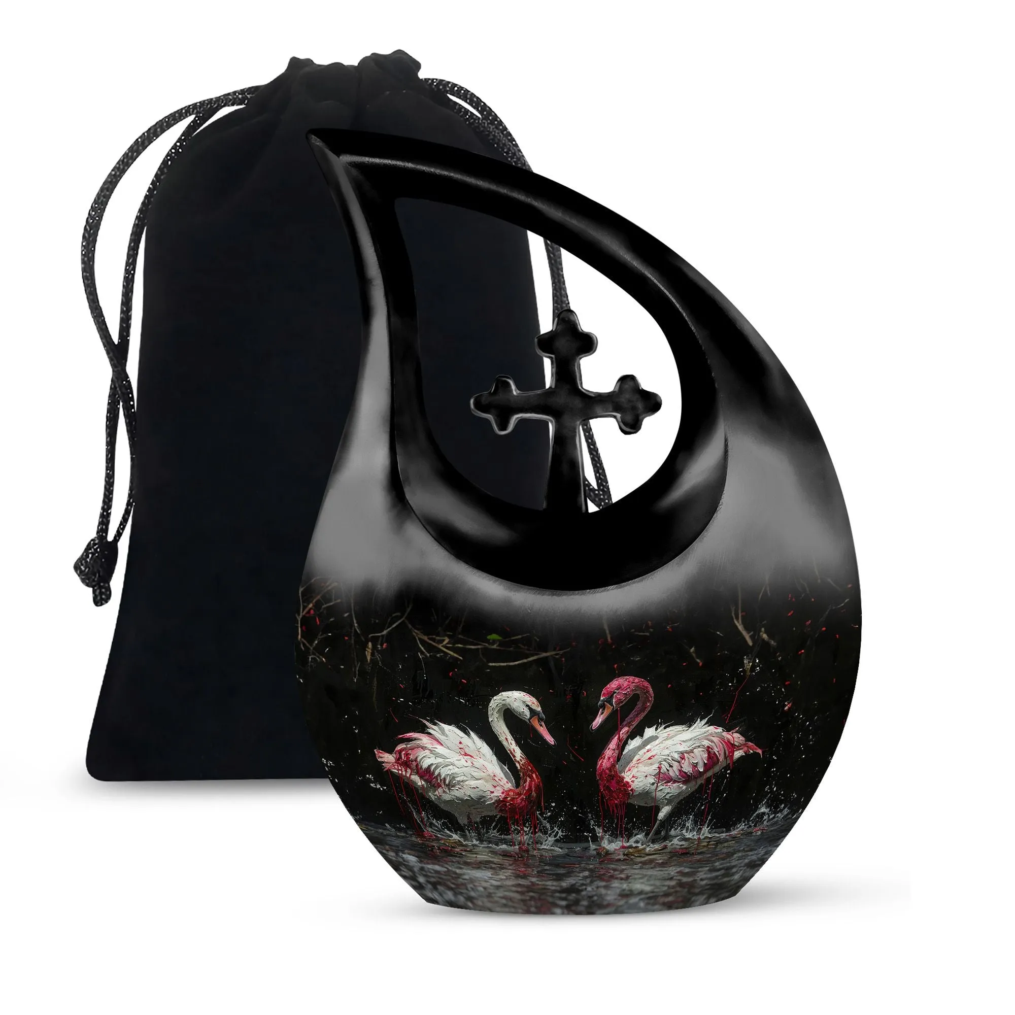 Crimson Splashed Swans Memorial Urn - Ornate For Tribute