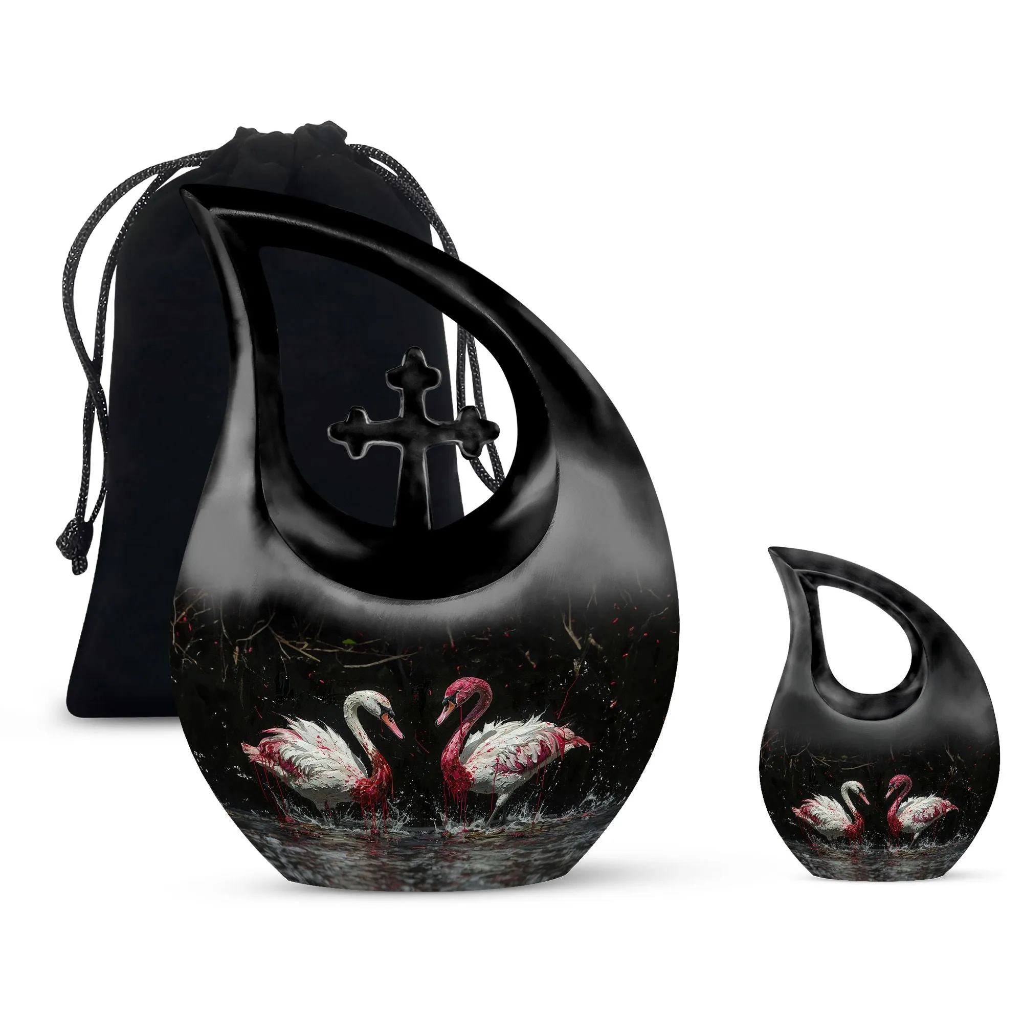 Crimson Splashed Swans Memorial Urn - Ornate For Tribute