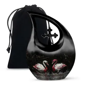 Crimson Splashed Swans Memorial Urn - Ornate For Tribute