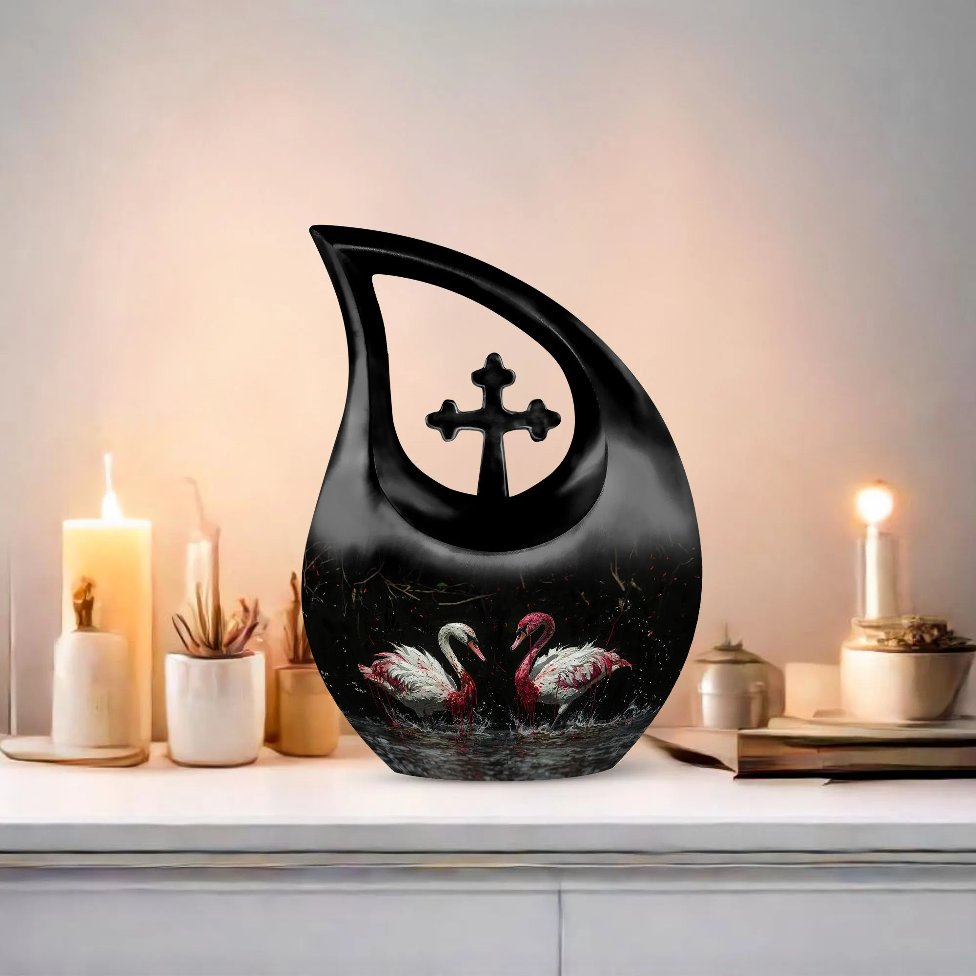 Crimson Splashed Swans Memorial Urn - Ornate For Tribute