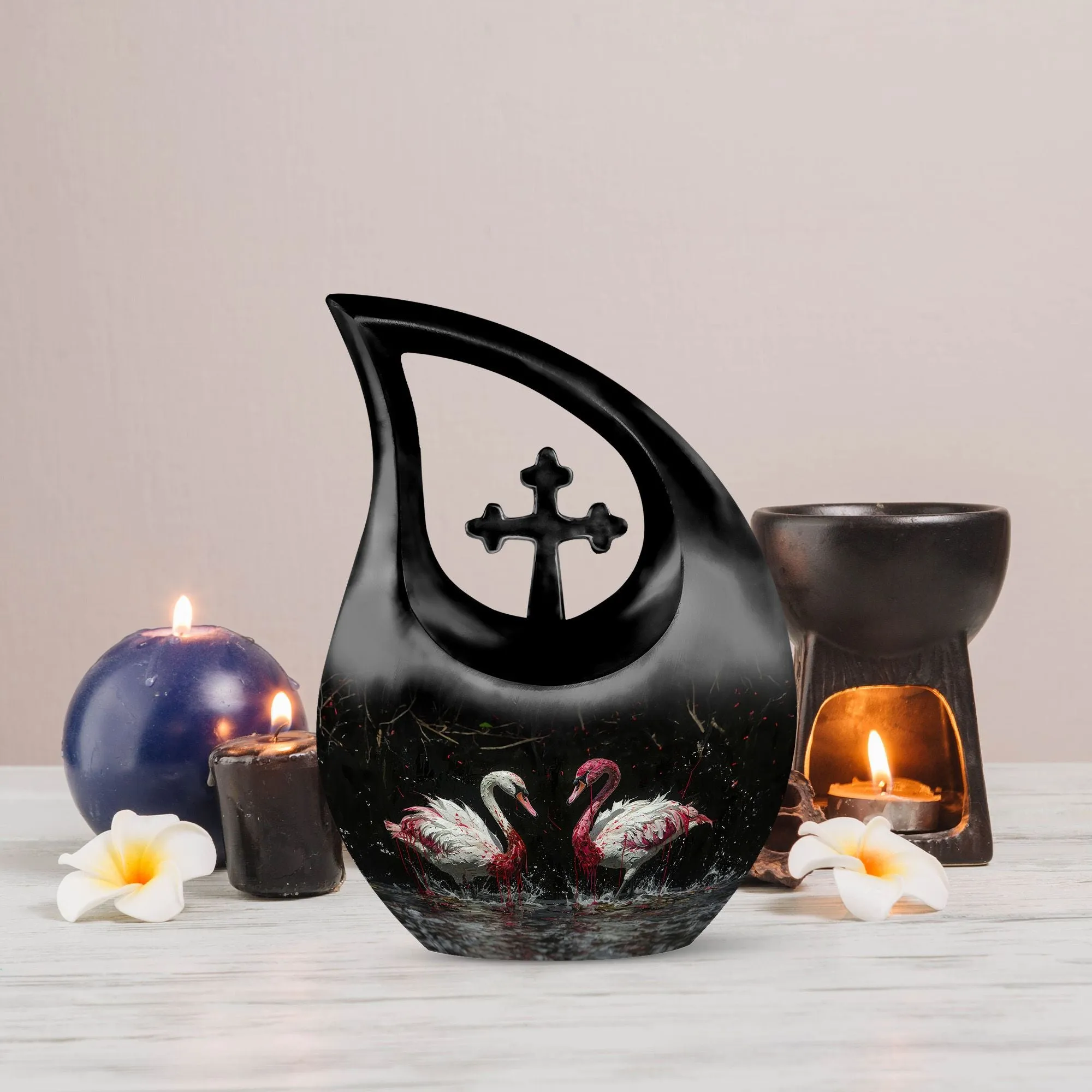 Crimson Splashed Swans Memorial Urn - Ornate For Tribute