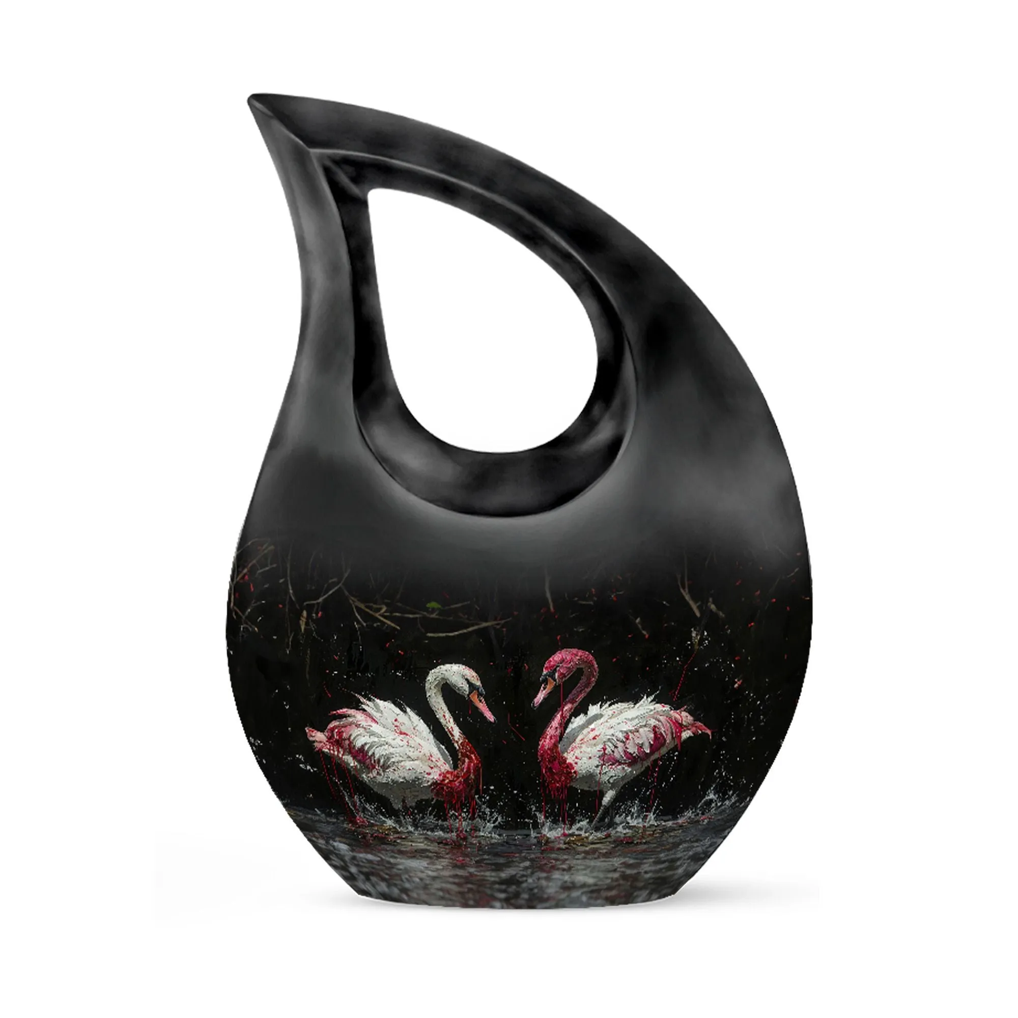 Crimson Splashed Swans Memorial Urn - Ornate For Tribute