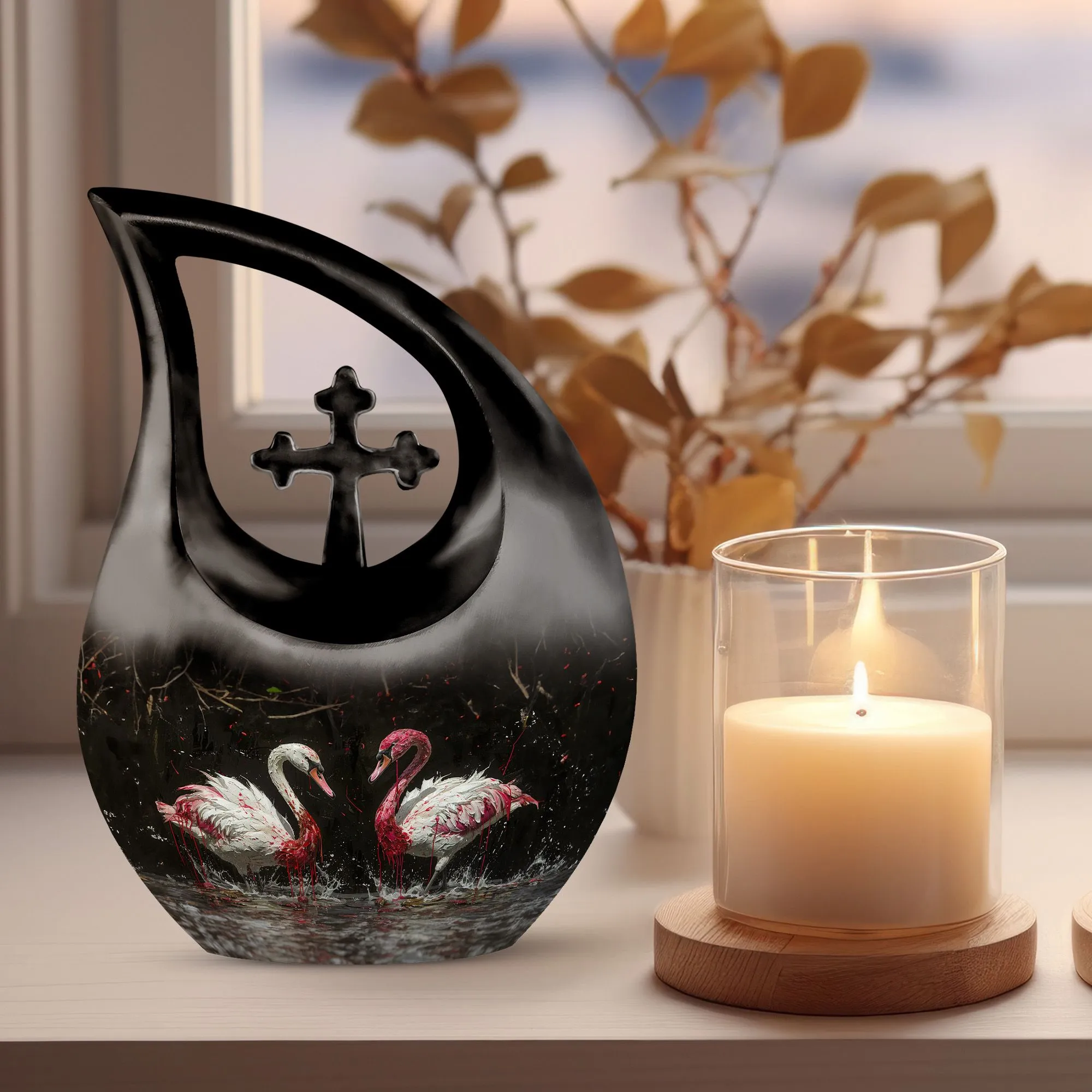 Crimson Splashed Swans Memorial Urn - Ornate For Tribute