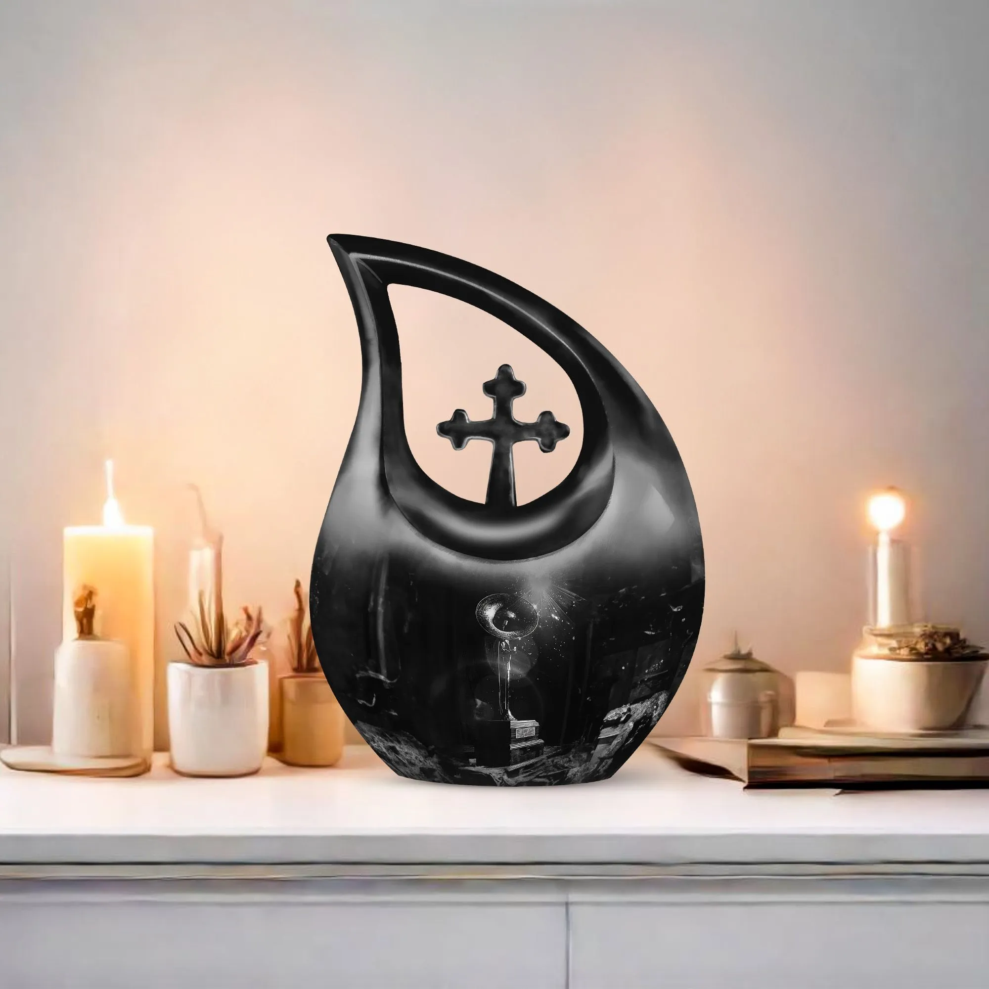 Cross Drop Gramophone Memorial Urn - Burial Vase for Human Ashes